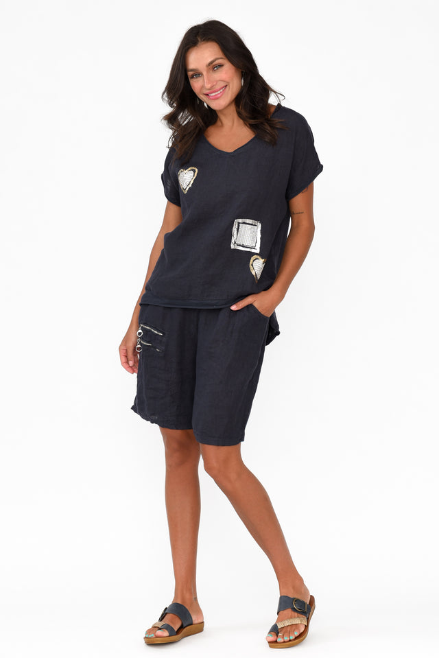Oriane Navy Zip Linen Shorts