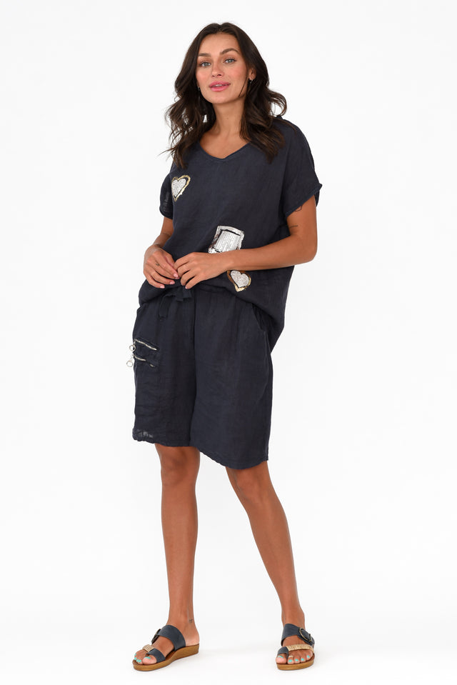 Oriane Navy Zip Linen Shorts