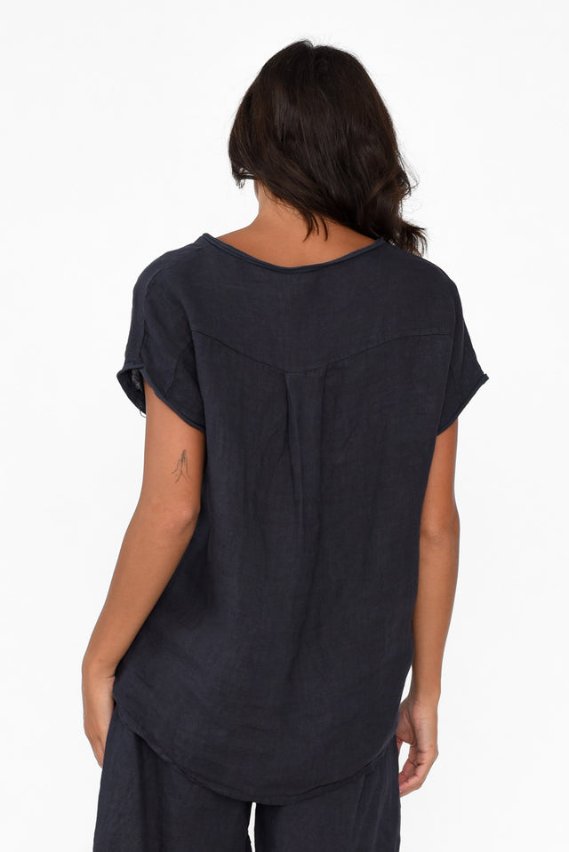 Damaris Navy Sequin Linen Top
