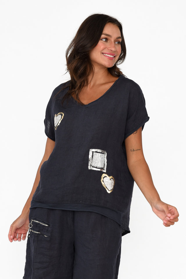 Damaris Navy Sequin Linen Top neckline_V Neck
