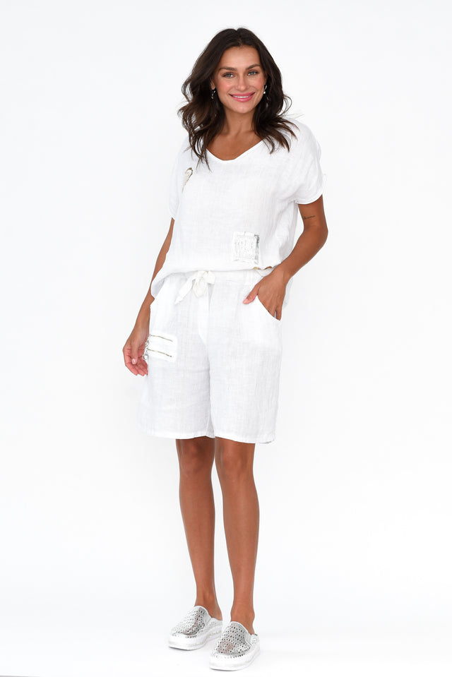 Oriane White Zip Linen Shorts image 6