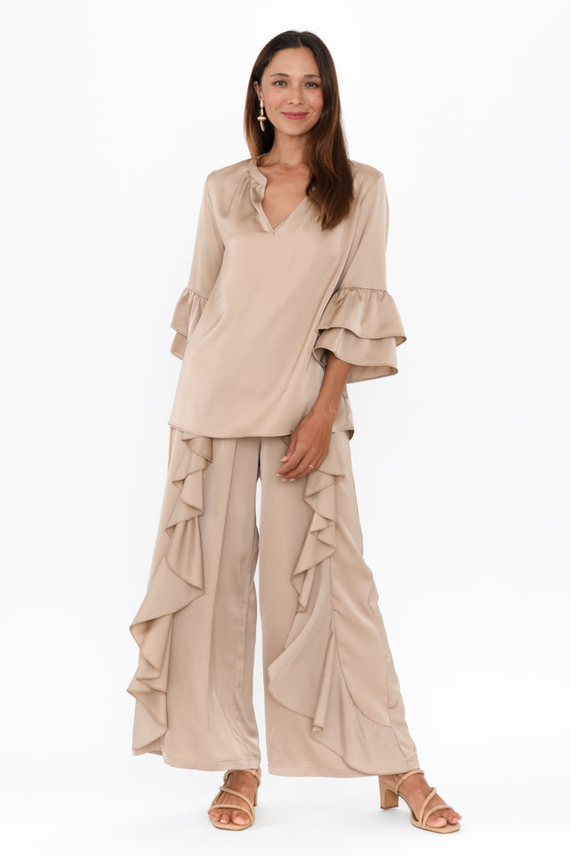 Dancer Taupe Ruffle Pants,Brunette model,alt text|model:Cara image 5
