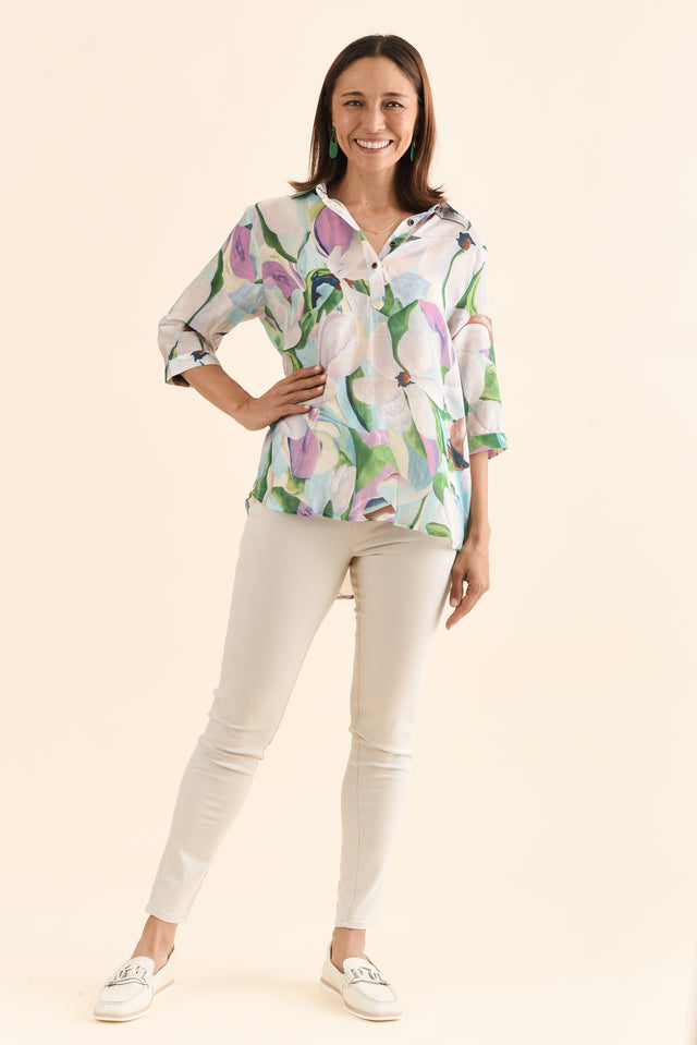 Dancy Green Bloom Collard Blouse,Full Body,Brunette model,alt text|model:Cara