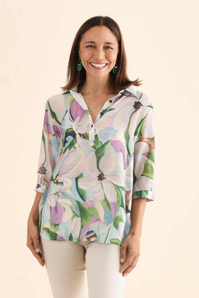 Dancy Green Bloom Collard Blouse,Front,Brunette model,alt text|model:Cara