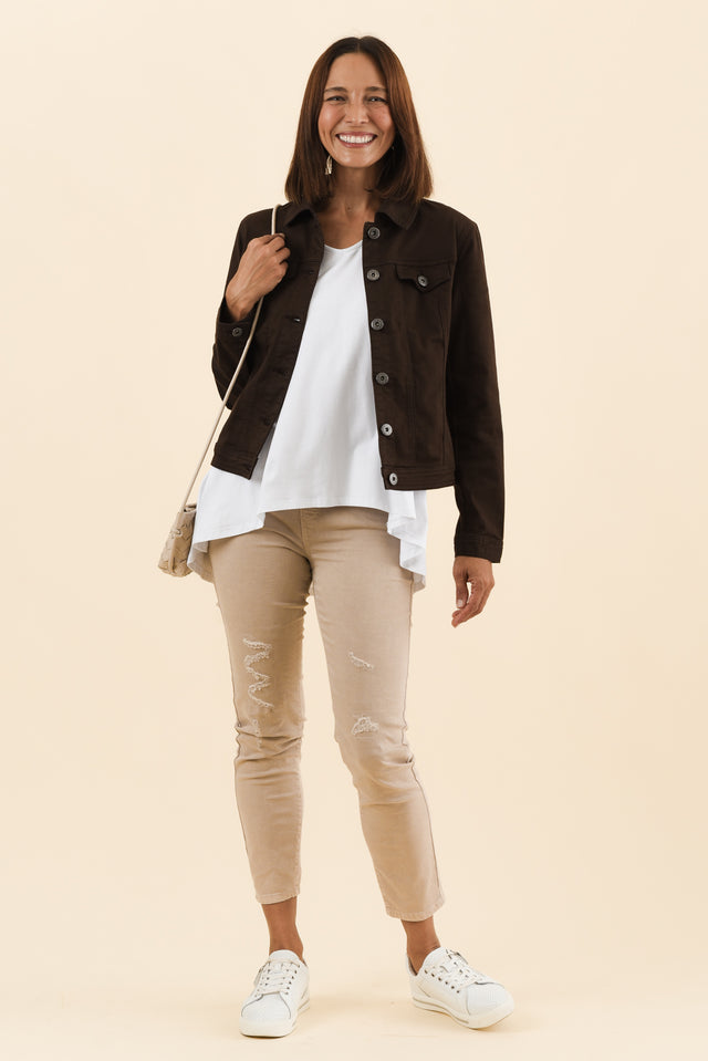 Danielle Chocolate Stretch Jean Jacket,Full Body,Brunette model,alt text|model:Cara