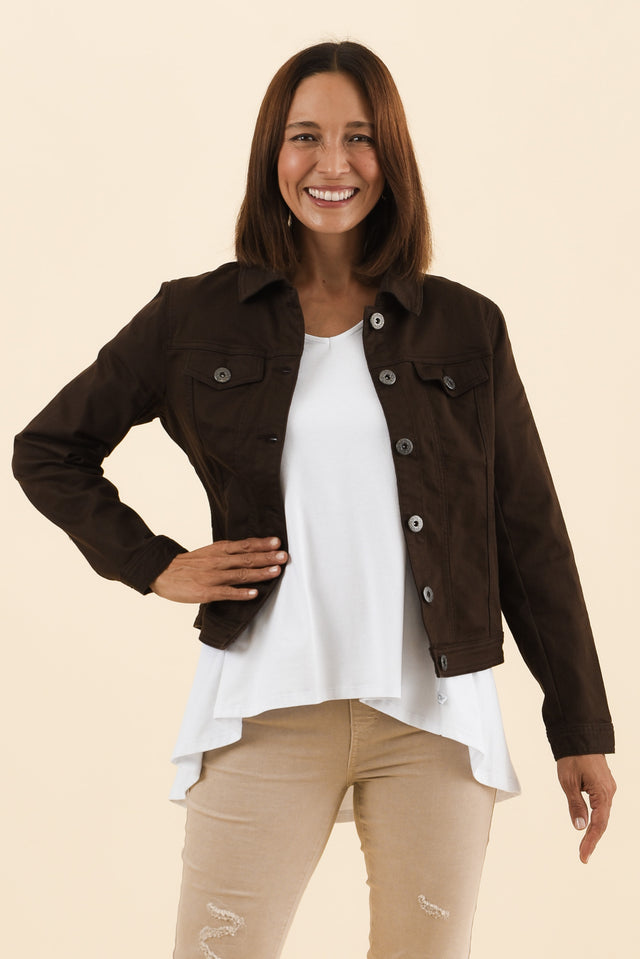 Danielle Chocolate Stretch Jean Jacket,Front,Brunette model,alt text|model:Cara