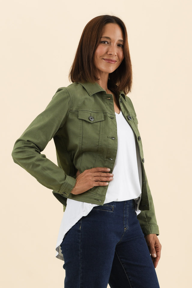Danielle Khaki Stretch Jean Jacket,Side,Brunette model,alt text|model:Cara image 3