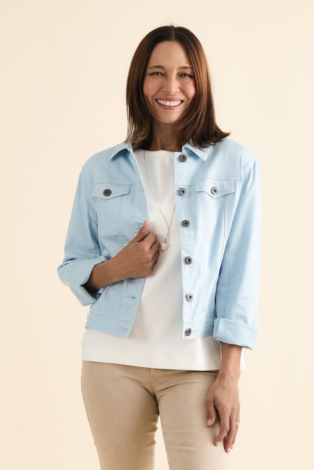 Danielle Light Blue Stretch Jean Jacket,brunette model,Front of Outfit,alt text|model:Cara image 1