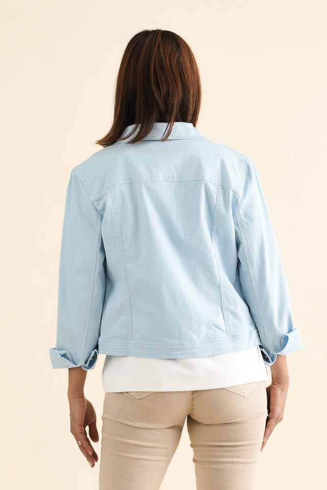Danielle Light Blue Stretch Jean Jacket,brunette model,Back of Outfit,alt text|model:Cara image 4