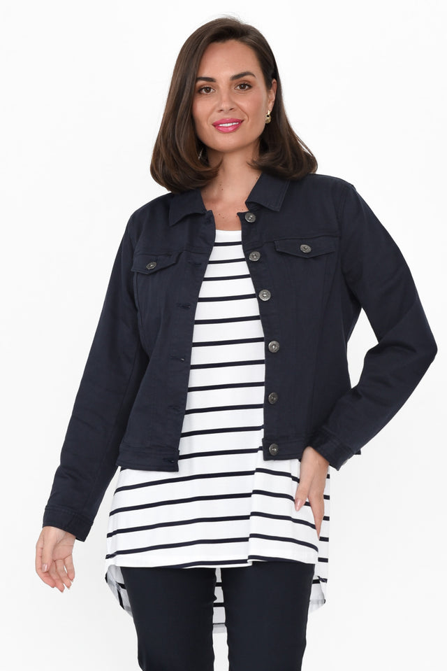 Danielle Navy Stretch Jean Jacket print_Plain length_Above Hip sleeve_Long hem_Straight sleevetype_Straight colour_Navy COATS & JACKETS alt text|model:MJ