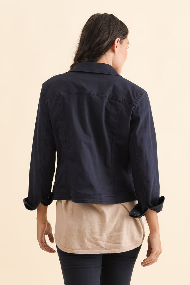 Danielle Navy Stretch Jean Jacket,Brunette model,alt text|model:Brontie image 6