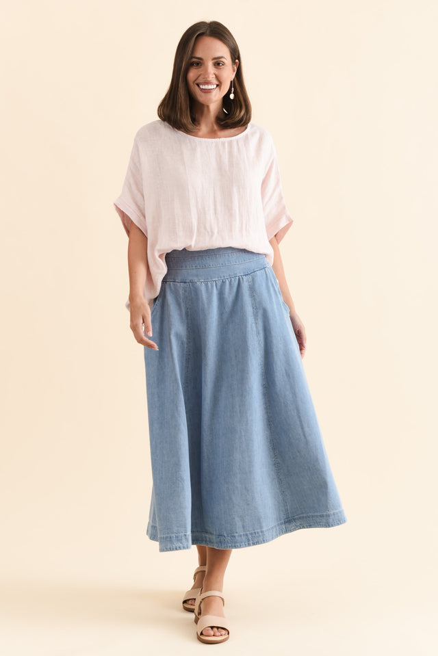 Darcy Light Wash Denim Skirt,Brunette model,alt text|model:MJ image 3