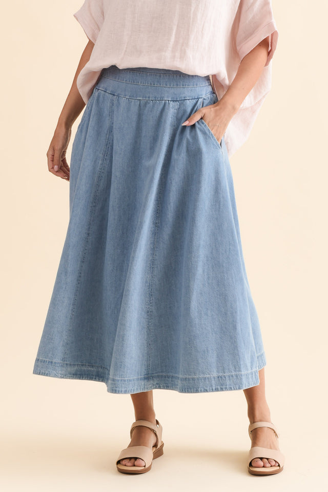 Darcy Light Wash Denim Skirt,Brunette model,alt text|model:MJ image 1