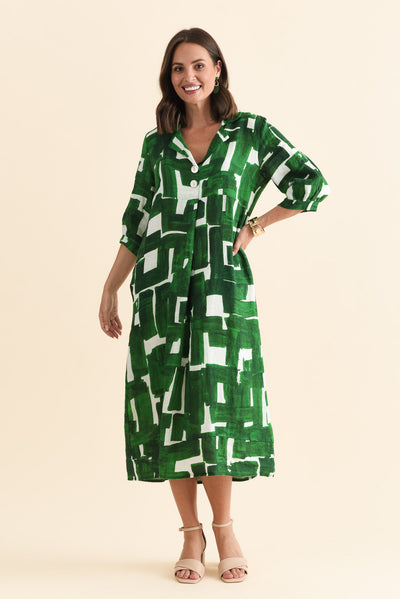 Daria Green Geo Linen Collared Dress