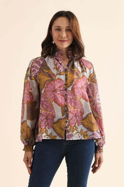 Daria Purple Leaf Shirred Blouse
