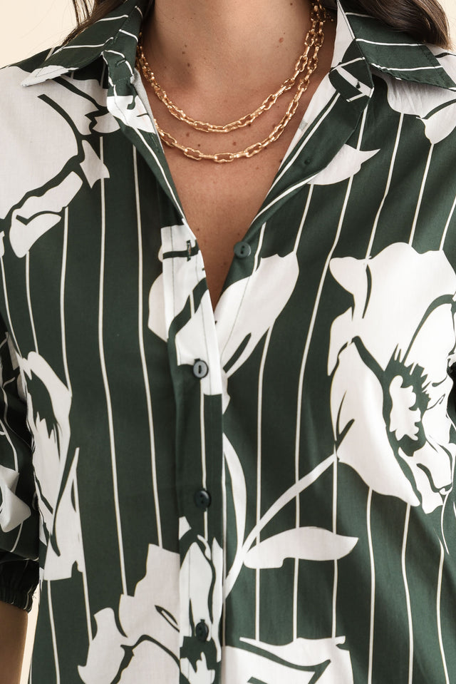 Darline Green Floral Stripe Cotton Shirt,brunette model,Close up of outfit,alt text|model:MJ image 5