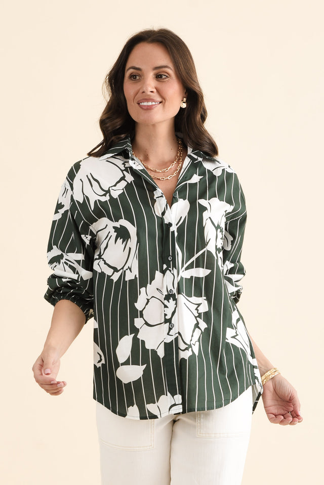 Darline Green Floral Stripe Cotton Shirt,brunette model,Front of Outfit,alt text|model:MJ image 1