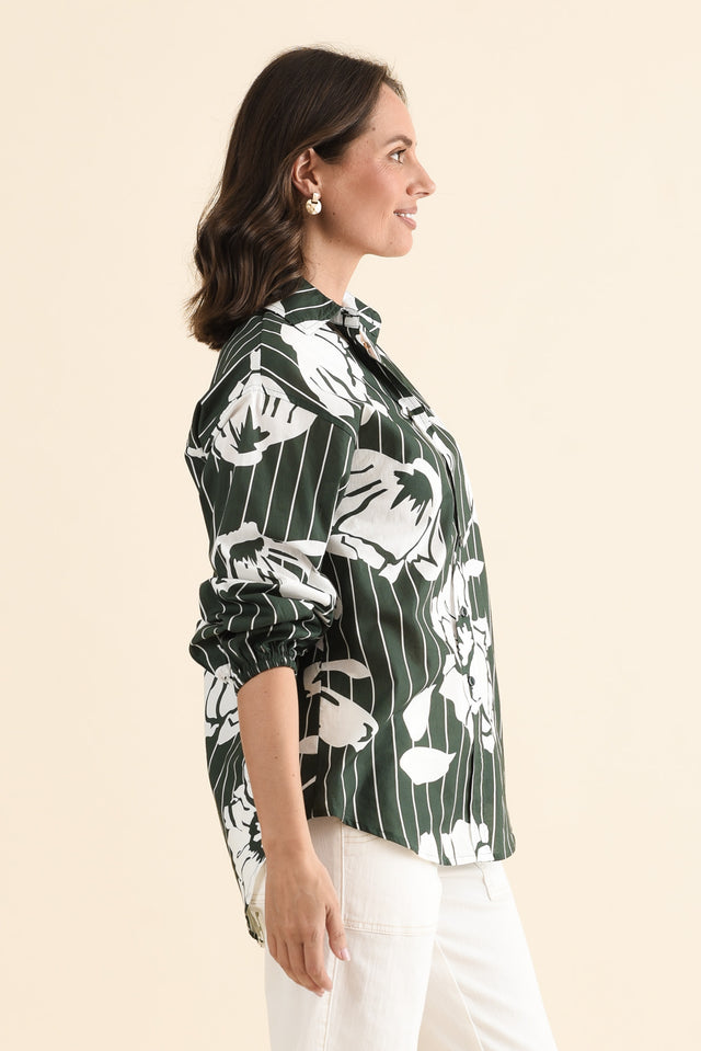 Darline Green Floral Stripe Cotton Shirt,brunette model,Side of Outfit,alt text|model:MJ image 3