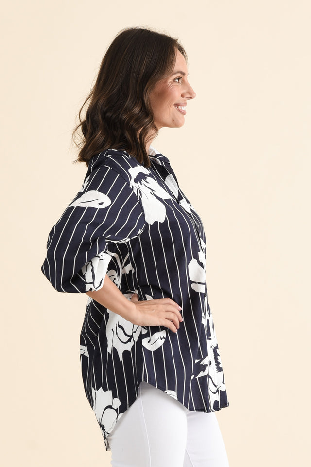 Darline Navy Floral Stripe Cotton Shirt,brunette model,Side of Outfit,alt text|model:MJ image 3