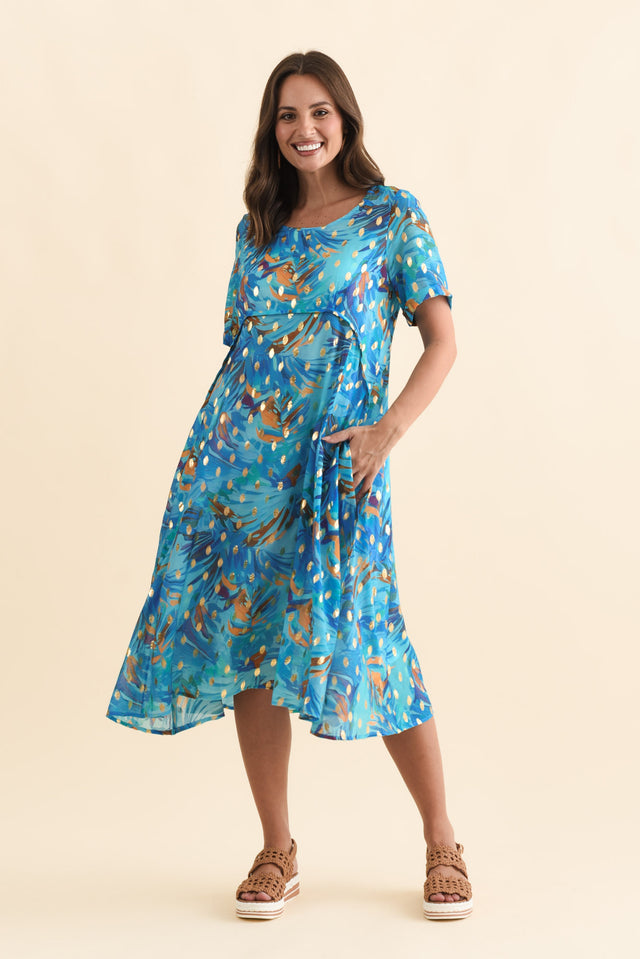 Darling Aqua Burst Foil Crescent Dress,Brunette model,alt text|model:MJ image 3