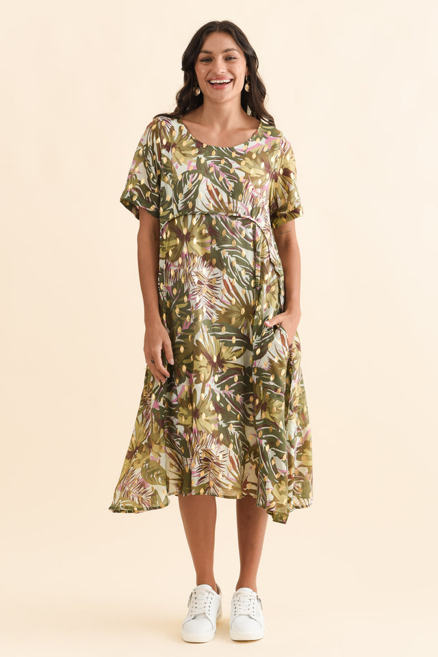 Darling Khaki Tropical Foil Crescent Dress,Brunette model,alt text|model:Brontie image 4