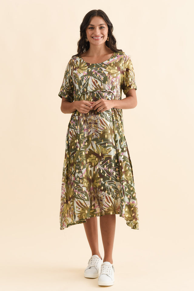 Darling Khaki Tropical Foil Crescent Dress,Brunette model,alt text|model:Brontie image 9