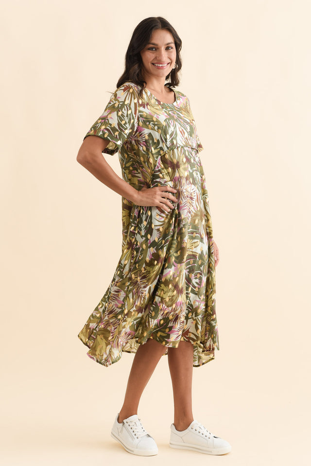 Darling Khaki Tropical Foil Crescent Dress,Brunette model,alt text|model:Brontie image 6
