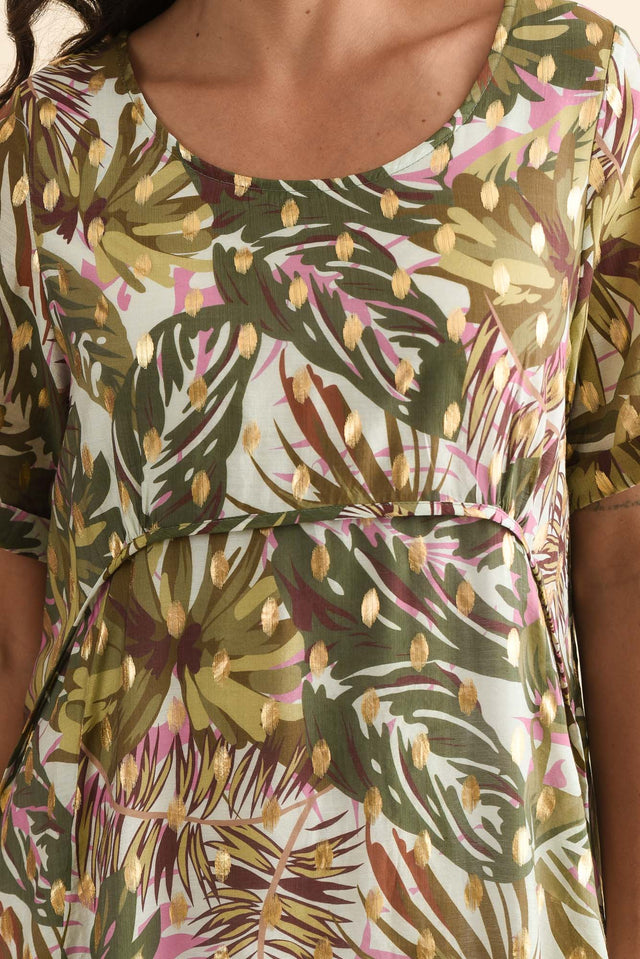 Darling Khaki Tropical Foil Crescent Dress,Brunette model,alt text|model:Brontie image 8