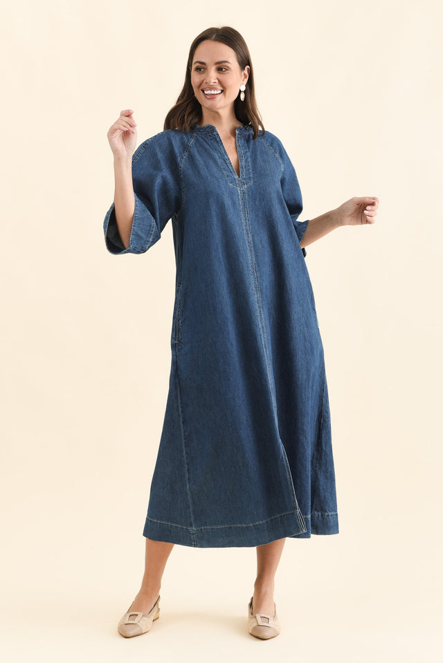 Davina Blue Denim Maxi Dress,Full Body,Brunette model,alt text|model:MJ image 7