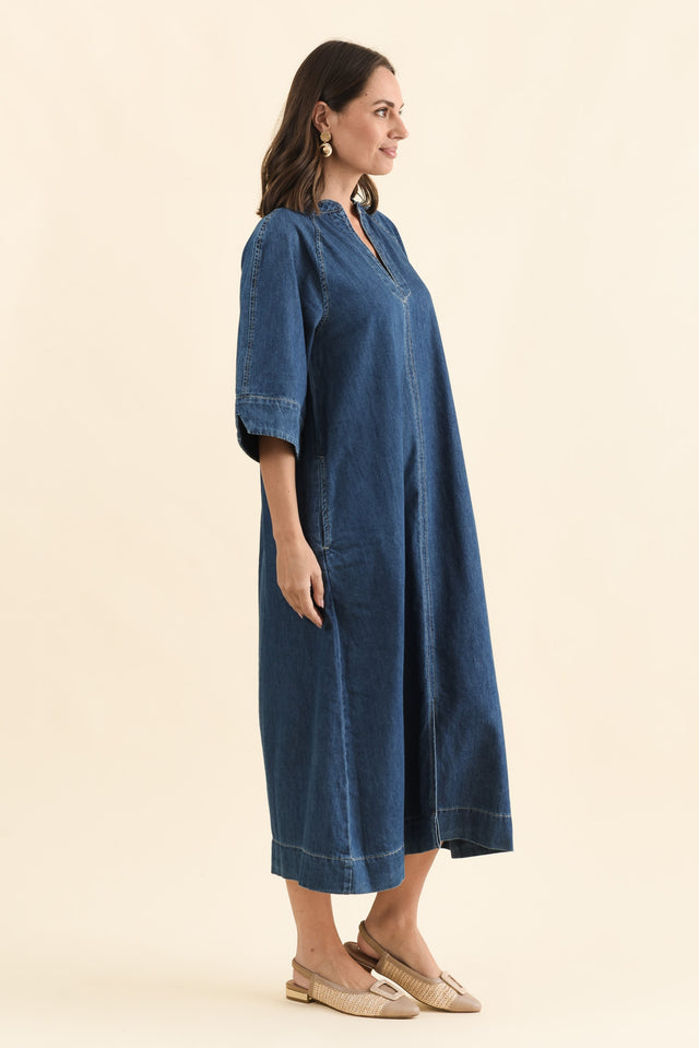 Davina Blue Denim Maxi Dress,Side,Brunette model,alt text|model:MJ image 4