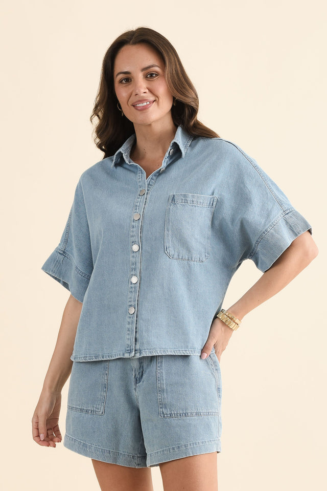 Dawn Blue Denim Shirt,Front,Brunette model,alt text|model:MJ image 1