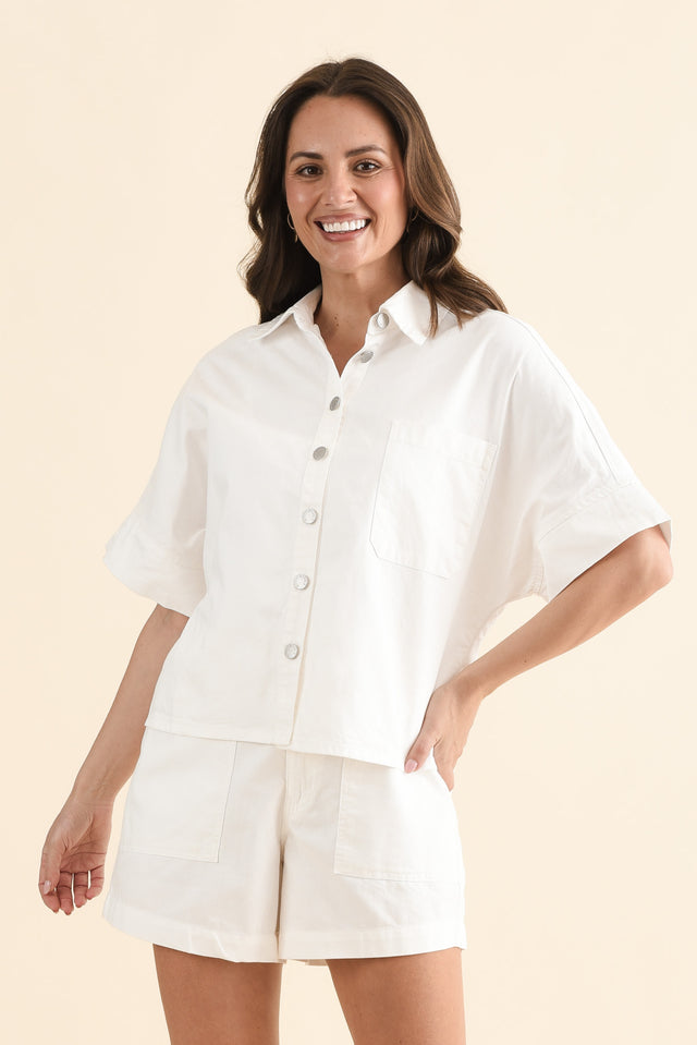 Dawn White Denim Shirt,Front,Brunette model,alt text|model:MJ