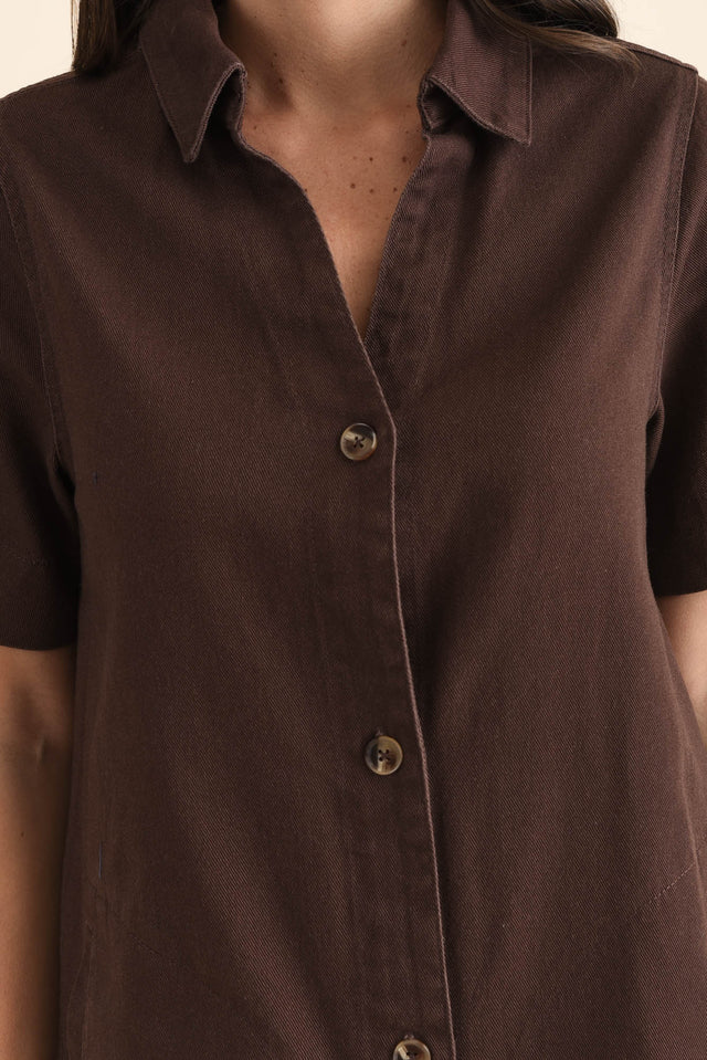 Dawson Chocolate Denim Button Dress,Detail,Brunette model,alt text|model:MJ image 5
