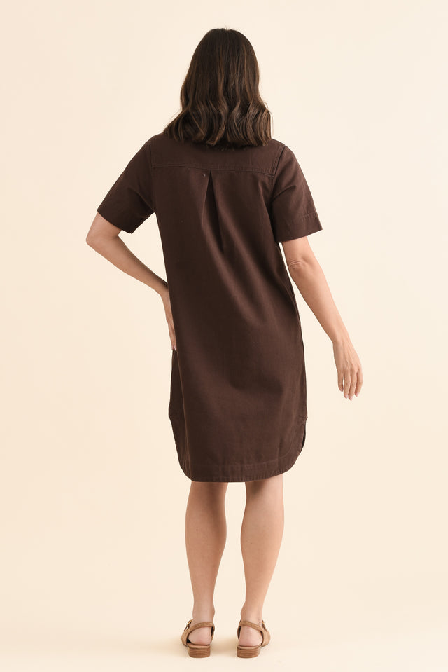 Dawson Chocolate Denim Button Dress,Back,Brunette model,alt text|model:MJ image 4
