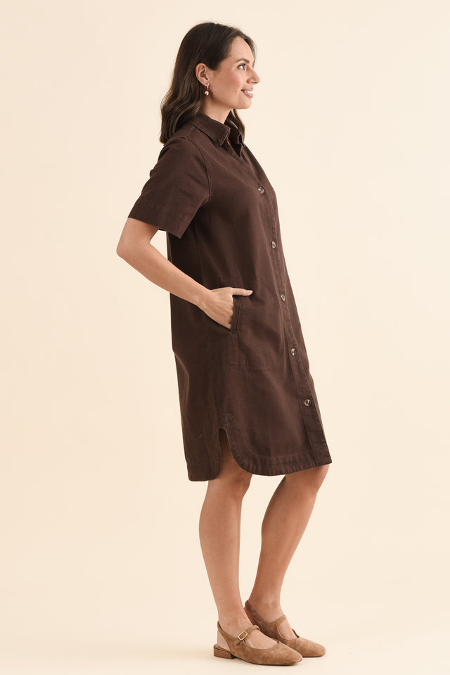 Dawson Chocolate Denim Button Dress,Side,Brunette model,alt text|model:MJ image 3