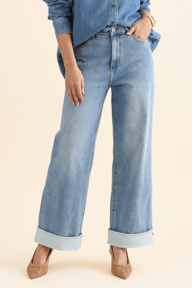 Deb Mid Blue Denim Wide Leg Jeans,brunette model,Front of Outfit,alt text|model:MJ image 1