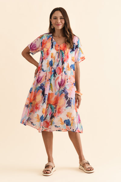 Debbie Orange Floral Pleated Dress