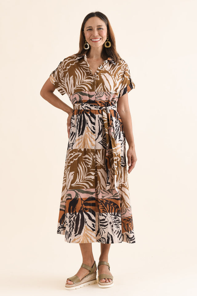 Decker Brown Palm Cotton Shirt Dress,Full Body,Brunette model,alt text|model:Cara image 2