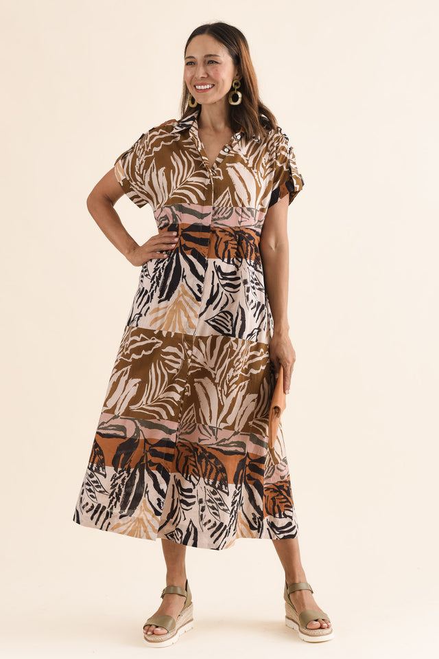 Decker Brown Palm Cotton Shirt Dress,Front,Brunette model,alt text|model:Cara image 1