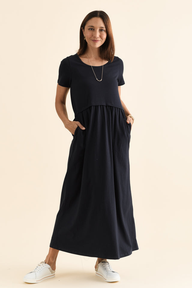 Deidra Navy Cotton Pocket Dress,Front,Brunette model,alt text|model:Cara