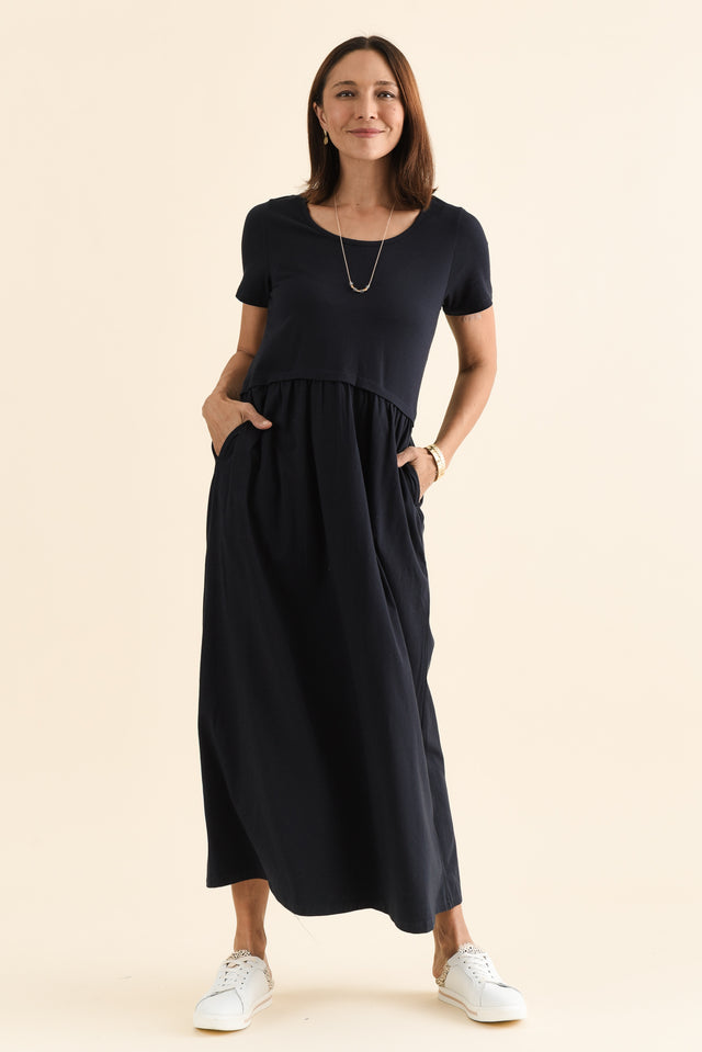 Deidra Navy Cotton Pocket Dress,brunette model,Full Outfit,alt text|model:Cara image 6