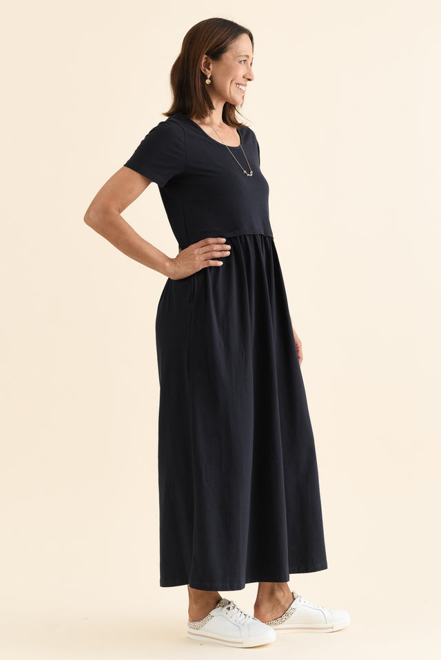 Deidra Navy Cotton Pocket Dress,brunette model,Side of Outfit,alt text|model:Cara image 3