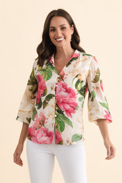 Delaney Cream Botanical Puff Sleeve Blouse