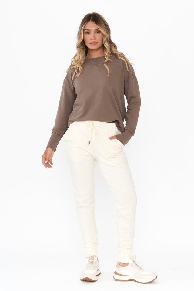 Delilah Mocha Cotton Crewneck Sweatshirt,Blonde model,alt text|model:Mollie image 7