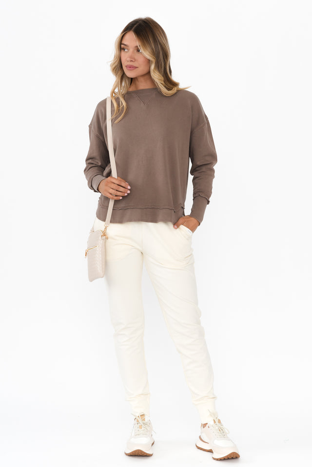 Delilah Mocha Cotton Crewneck Sweatshirt,Blonde model,alt text|model:Mollie image 4