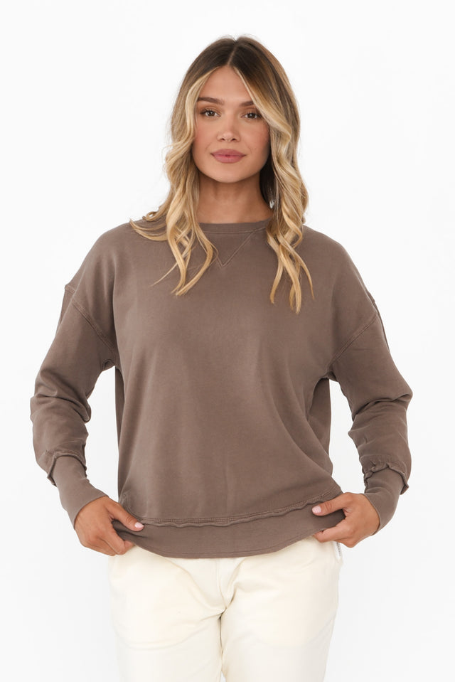 Delilah Mocha Cotton Crewneck Sweatshirt,Blonde model,alt text|model:Mollie image 2