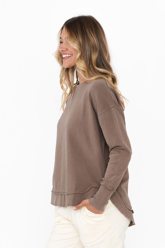 Delilah Mocha Cotton Crewneck Sweatshirt,Blonde model,alt text|model:Mollie image 5