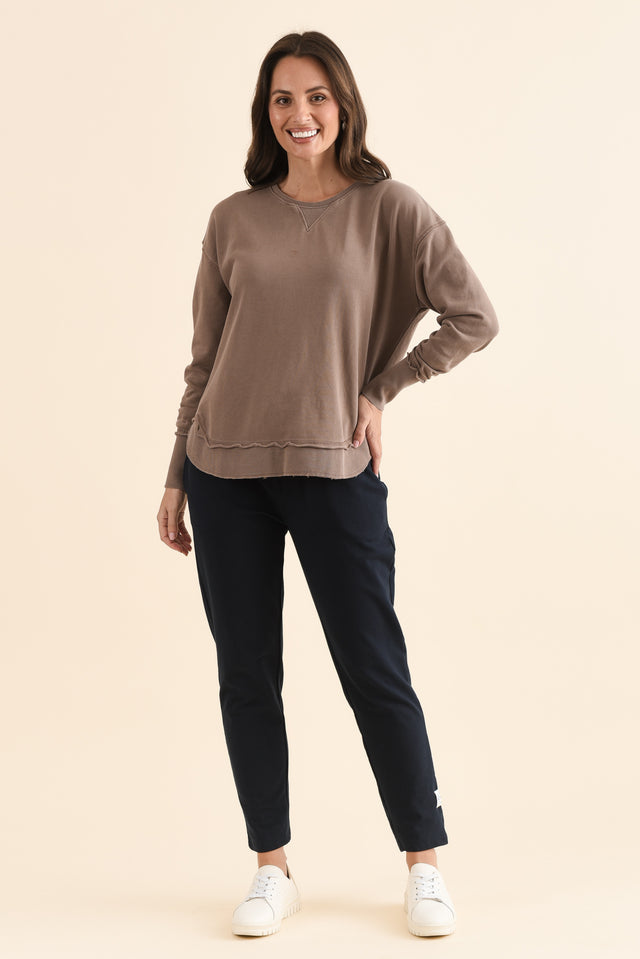 Delilah Mocha Cotton Crewneck Sweatshirt,Full Body,Brunette model,alt text|model:MJ image 7