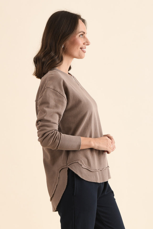 Delilah Mocha Cotton Crewneck Sweatshirt,Side,Brunette model,alt text|model:MJ image 4