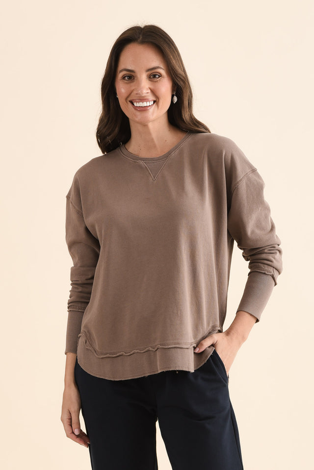 Delilah Mocha Cotton Crewneck Sweatshirt,Front,Brunette model,alt text|model:MJ